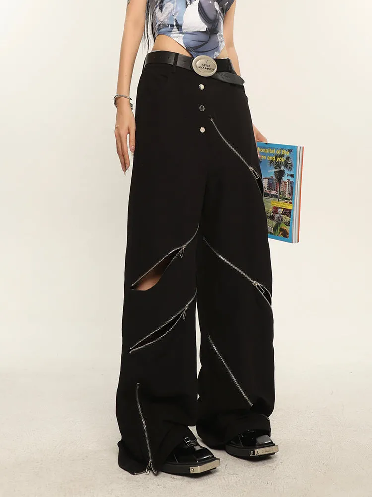 China Solid Color Cut Out Multi-Zipper Straight Wide Leg Pants