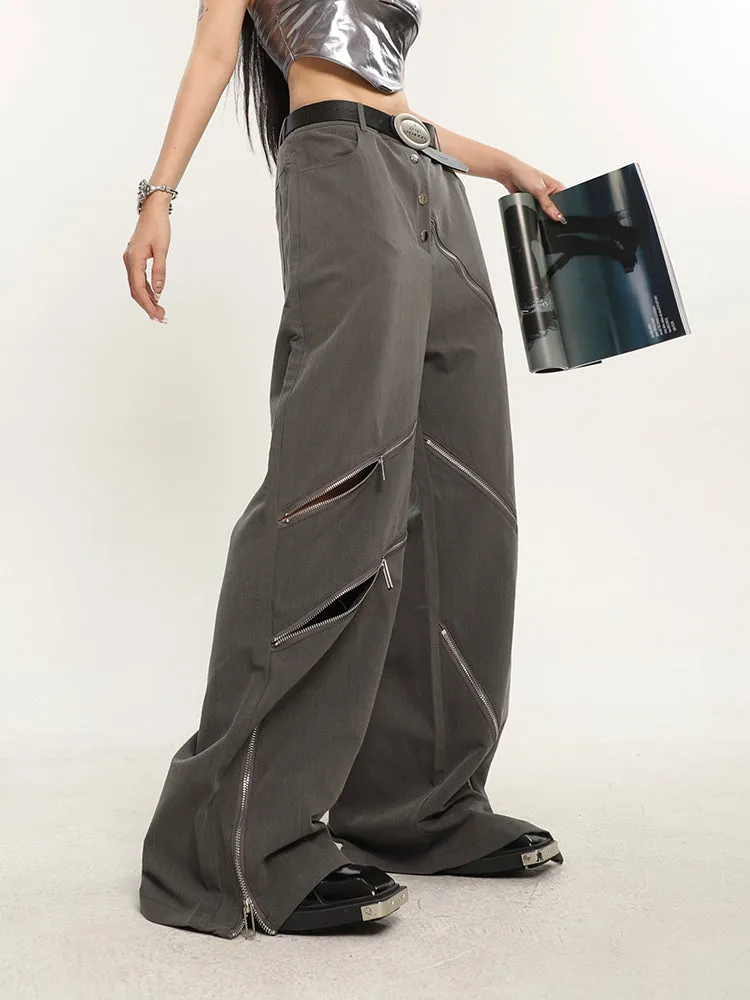 China Solid Color Cut Out Multi-Zipper Straight Wide Leg Pants