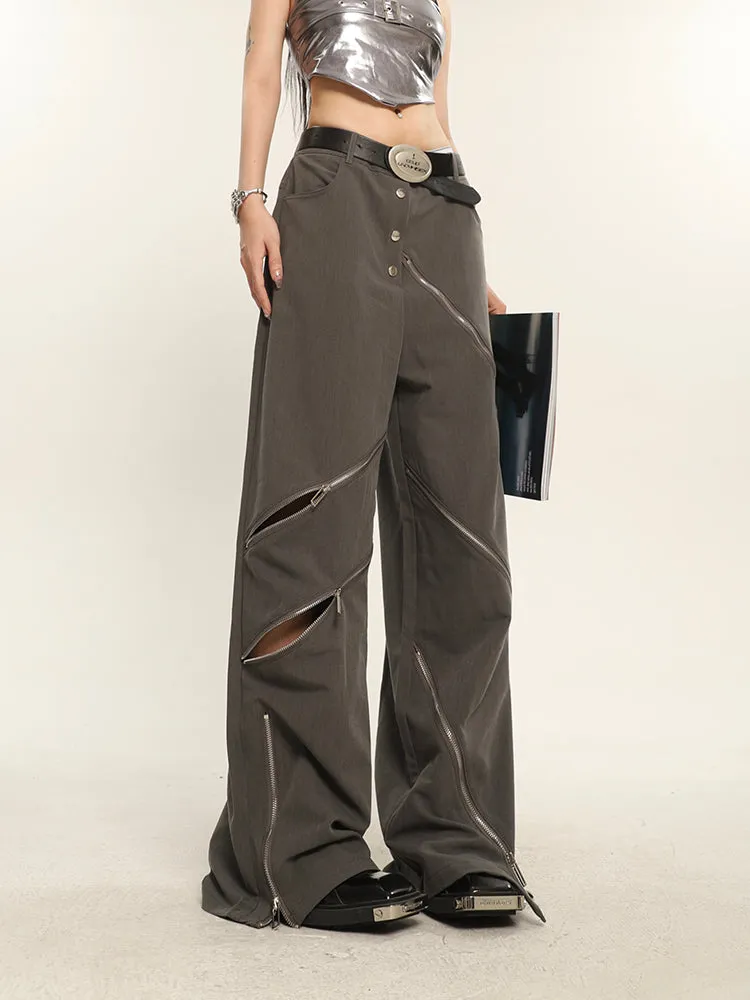China Solid Color Cut Out Multi-Zipper Straight Wide Leg Pants