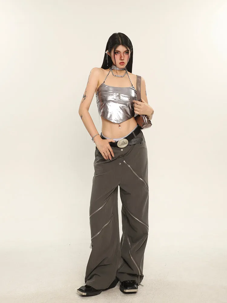 China Solid Color Cut Out Multi-Zipper Straight Wide Leg Pants