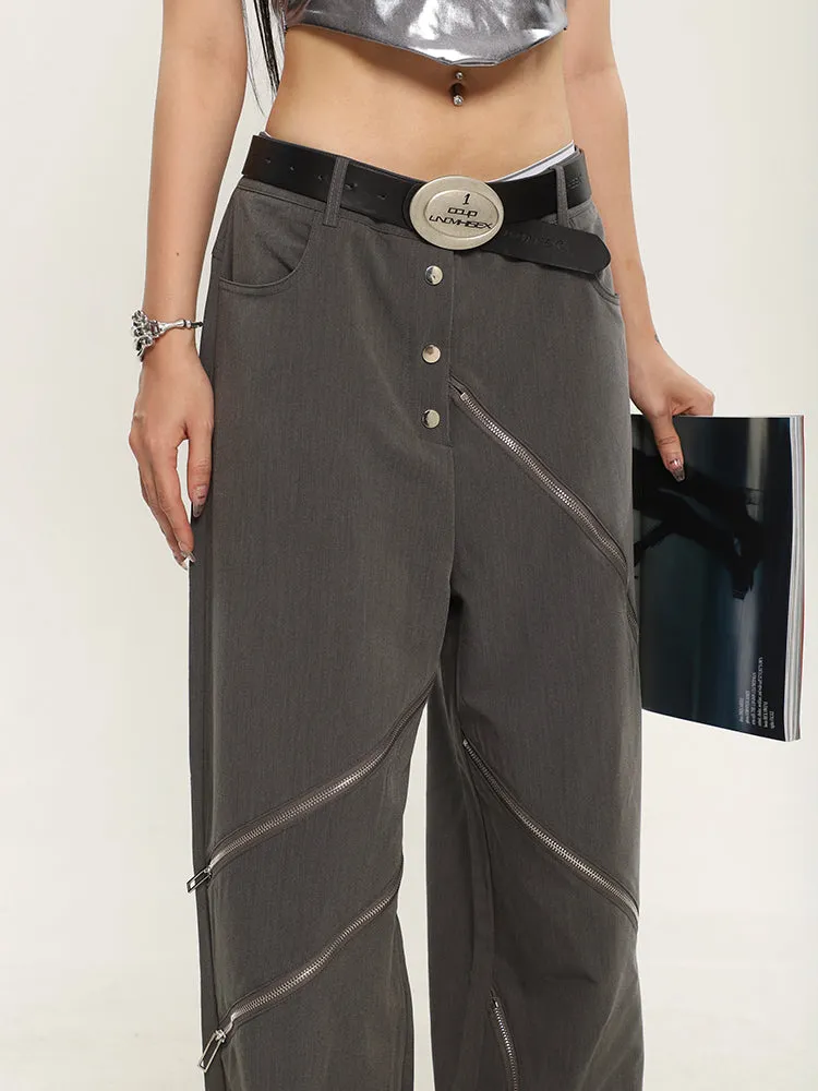 China Solid Color Cut Out Multi-Zipper Straight Wide Leg Pants