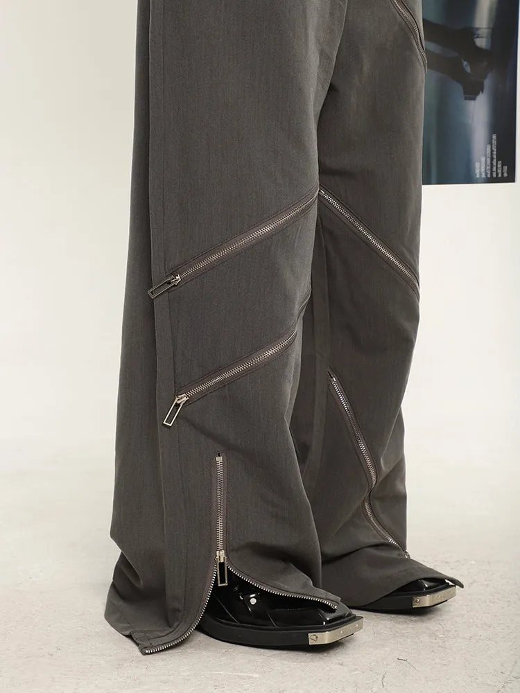 China Solid Color Cut Out Multi-Zipper Straight Wide Leg Pants