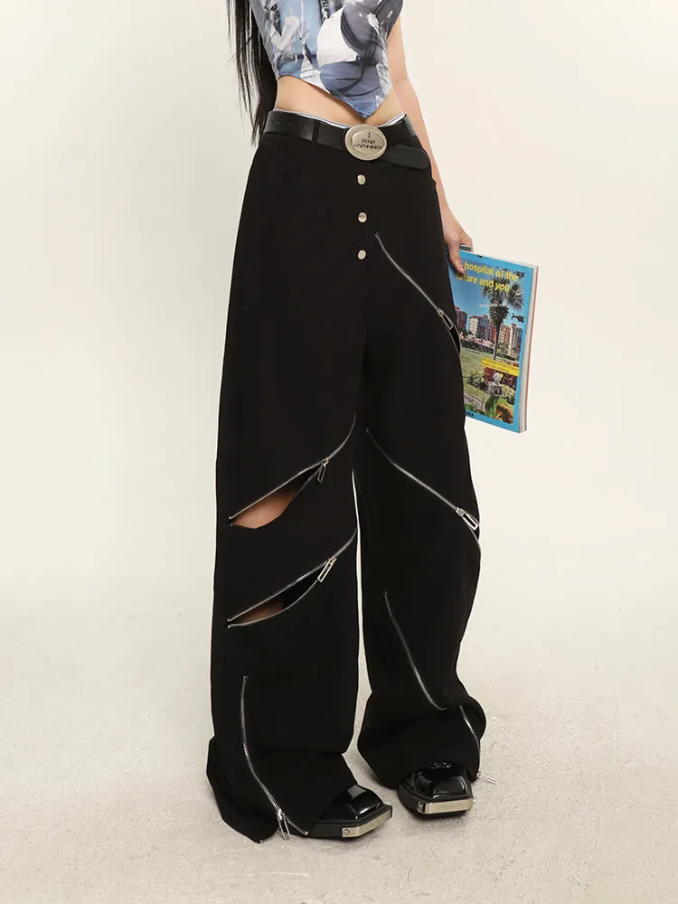 China Solid Color Cut Out Multi-Zipper Straight Wide Leg Pants
