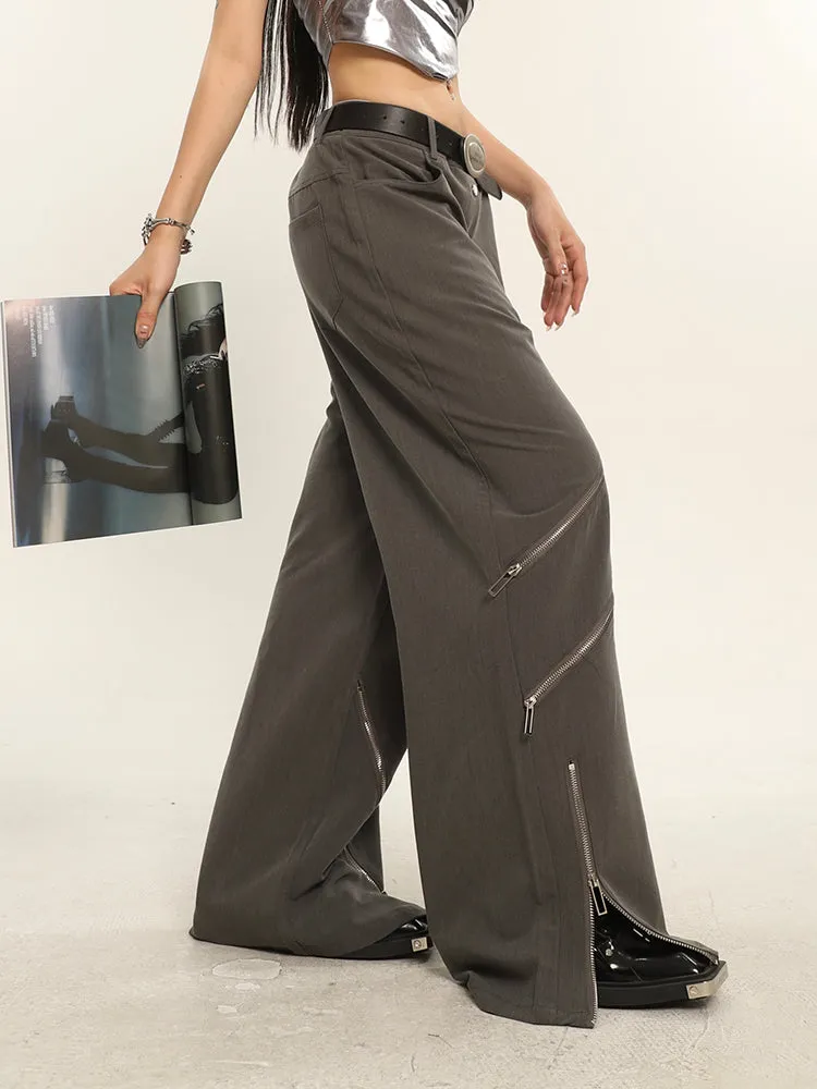 China Solid Color Cut Out Multi-Zipper Straight Wide Leg Pants