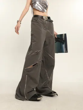 China Solid Color Cut Out Multi-Zipper Straight Wide Leg Pants