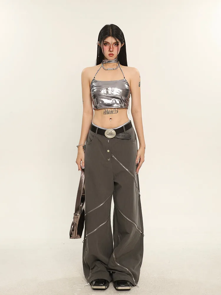 China Solid Color Cut Out Multi-Zipper Straight Wide Leg Pants