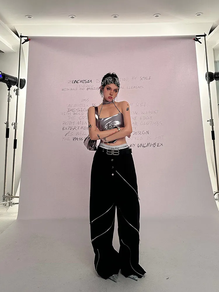 China Solid Color Cut Out Multi-Zipper Straight Wide Leg Pants