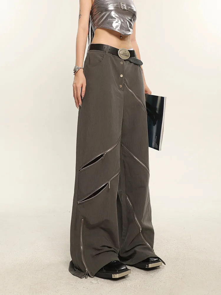 China Solid Color Cut Out Multi-Zipper Straight Wide Leg Pants