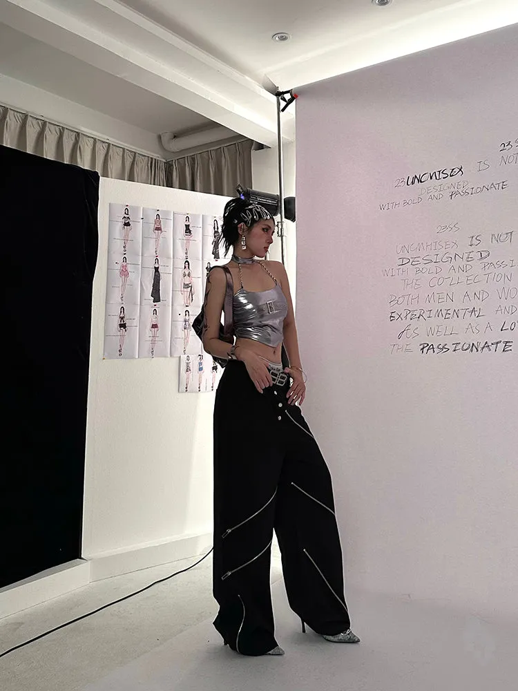 China Solid Color Cut Out Multi-Zipper Straight Wide Leg Pants