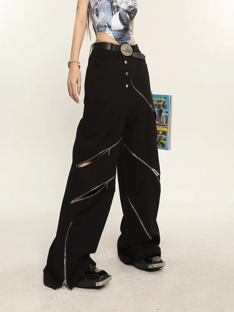 China Solid Color Cut Out Multi-Zipper Straight Wide Leg Pants