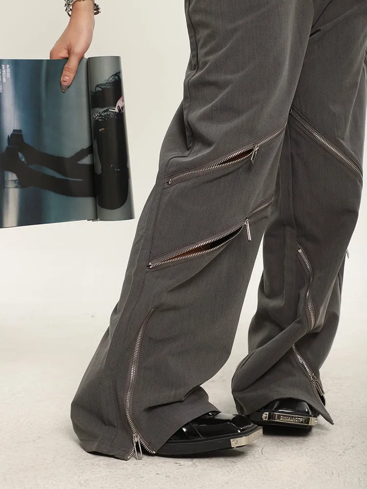 China Solid Color Cut Out Multi-Zipper Straight Wide Leg Pants