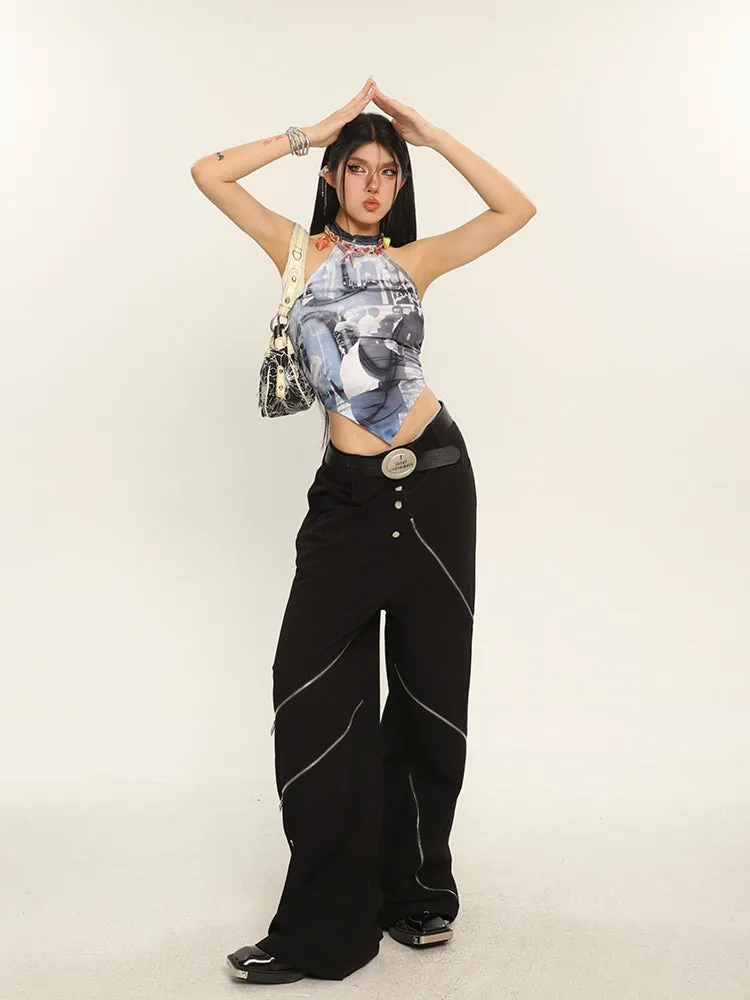 China Solid Color Cut Out Multi-Zipper Straight Wide Leg Pants