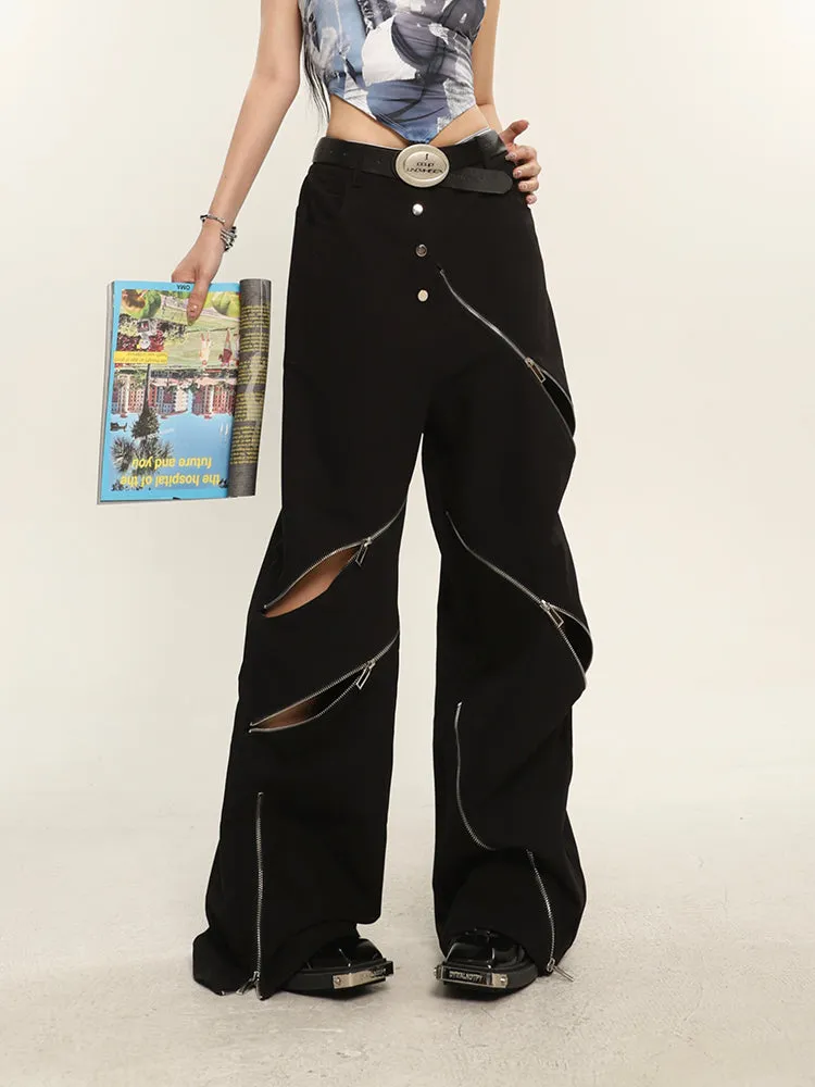 China Solid Color Cut Out Multi-Zipper Straight Wide Leg Pants