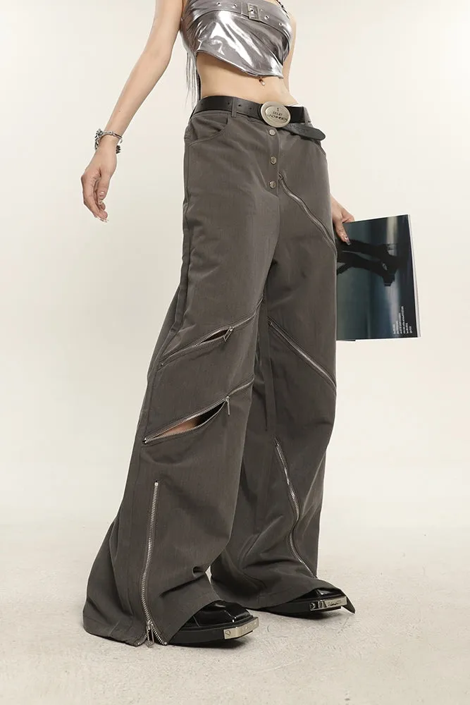 China Solid Color Cut Out Multi-Zipper Straight Wide Leg Pants