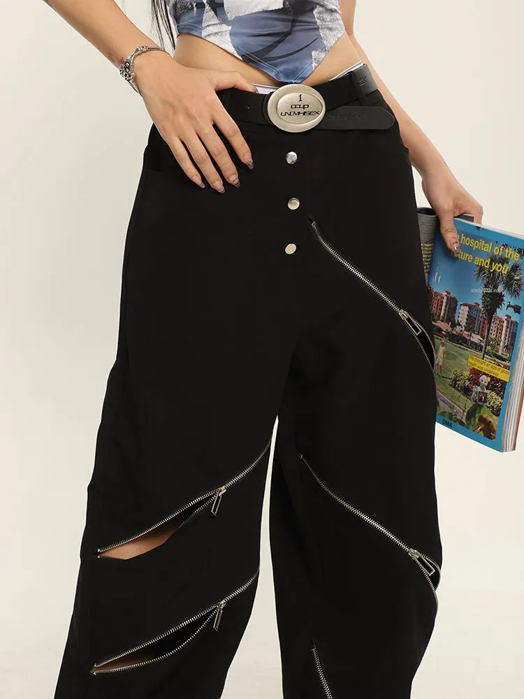 China Solid Color Cut Out Multi-Zipper Straight Wide Leg Pants
