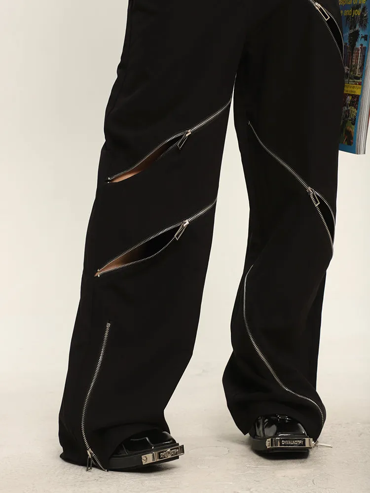 China Solid Color Cut Out Multi-Zipper Straight Wide Leg Pants