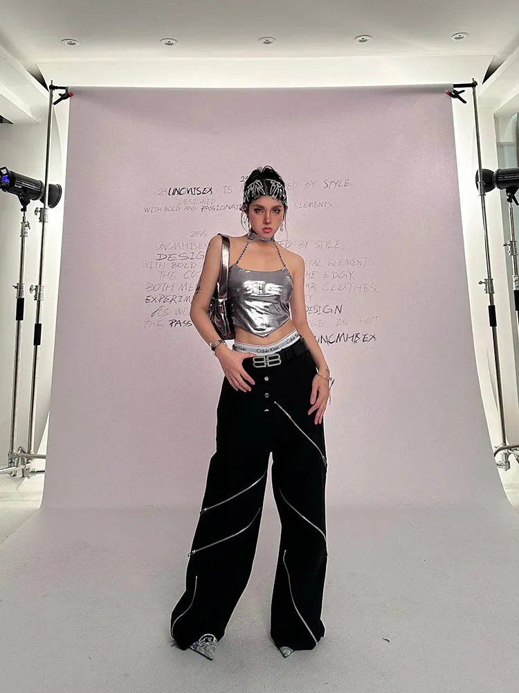 China Solid Color Cut Out Multi-Zipper Straight Wide Leg Pants