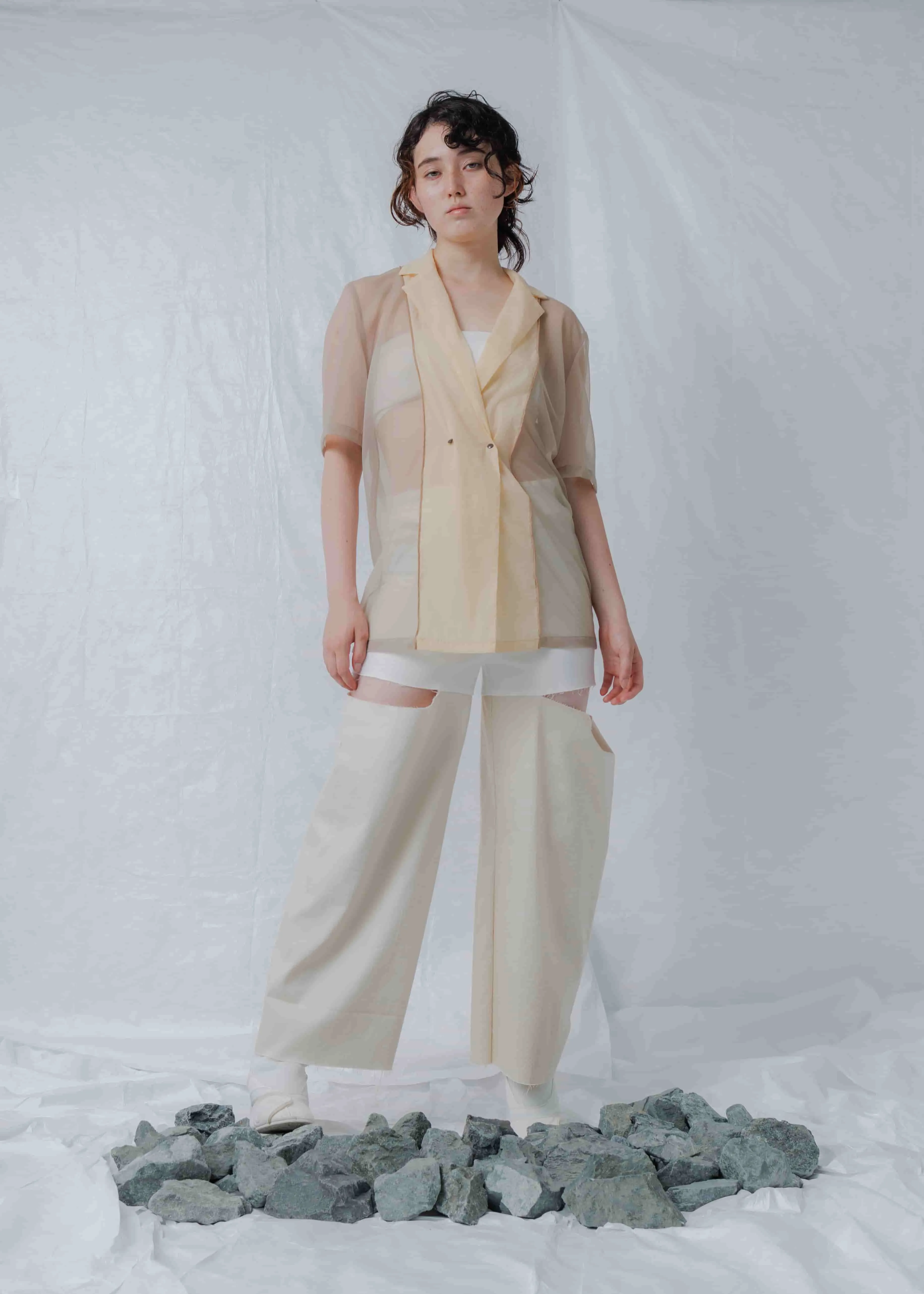 Cut Pants / White × Beige