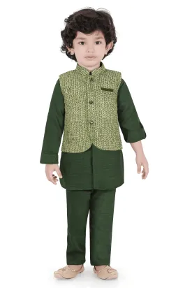 Dark Green Printed Waist Coat Kurta Set for Boys