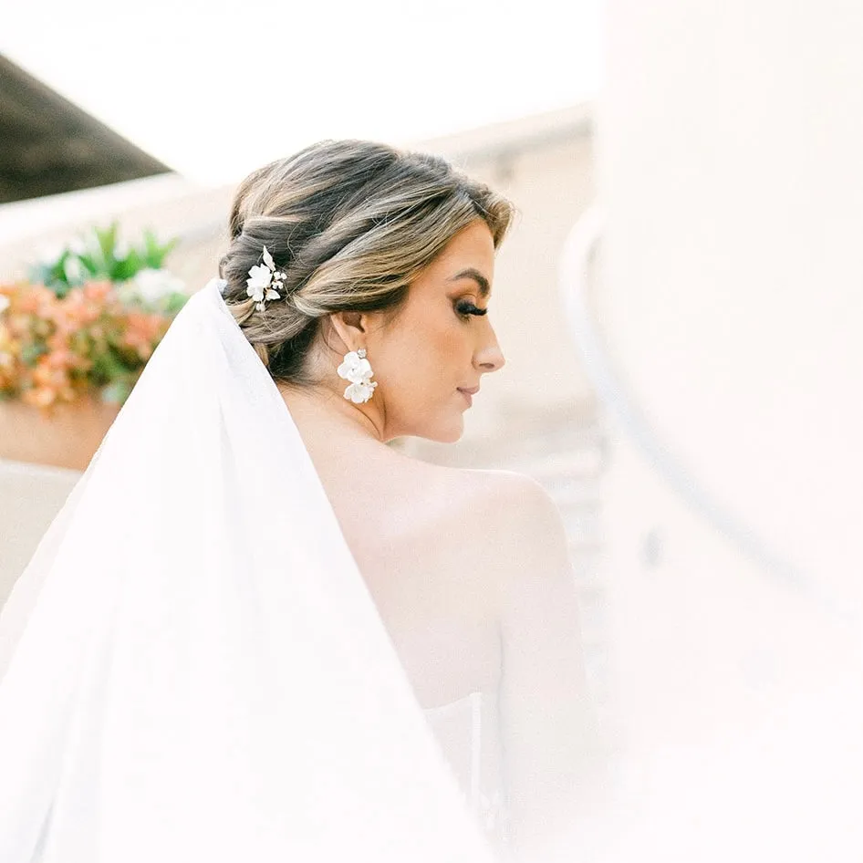 E188. bridal earrings, made with clay flowers.