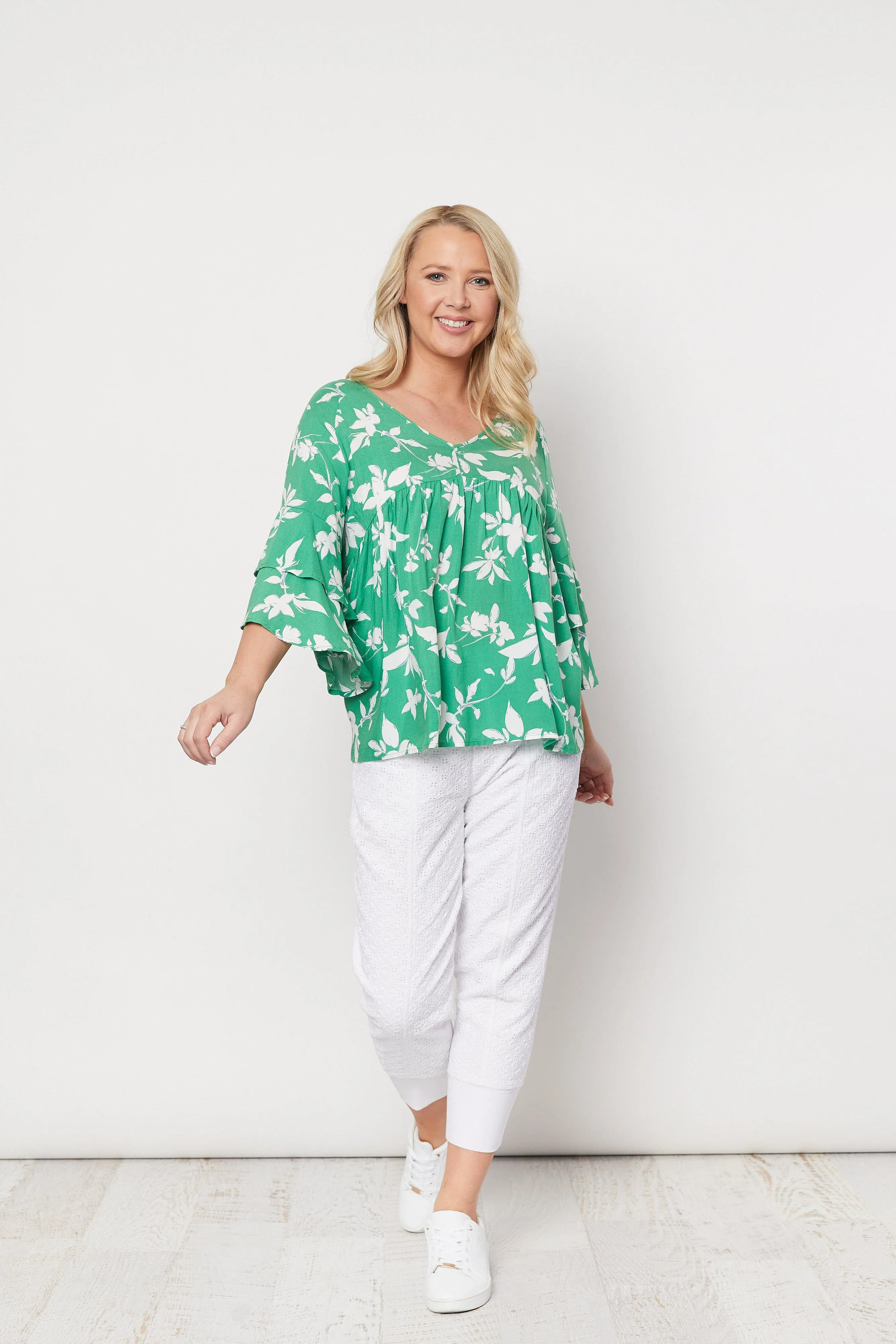 Floral Print V Neck Top - Green