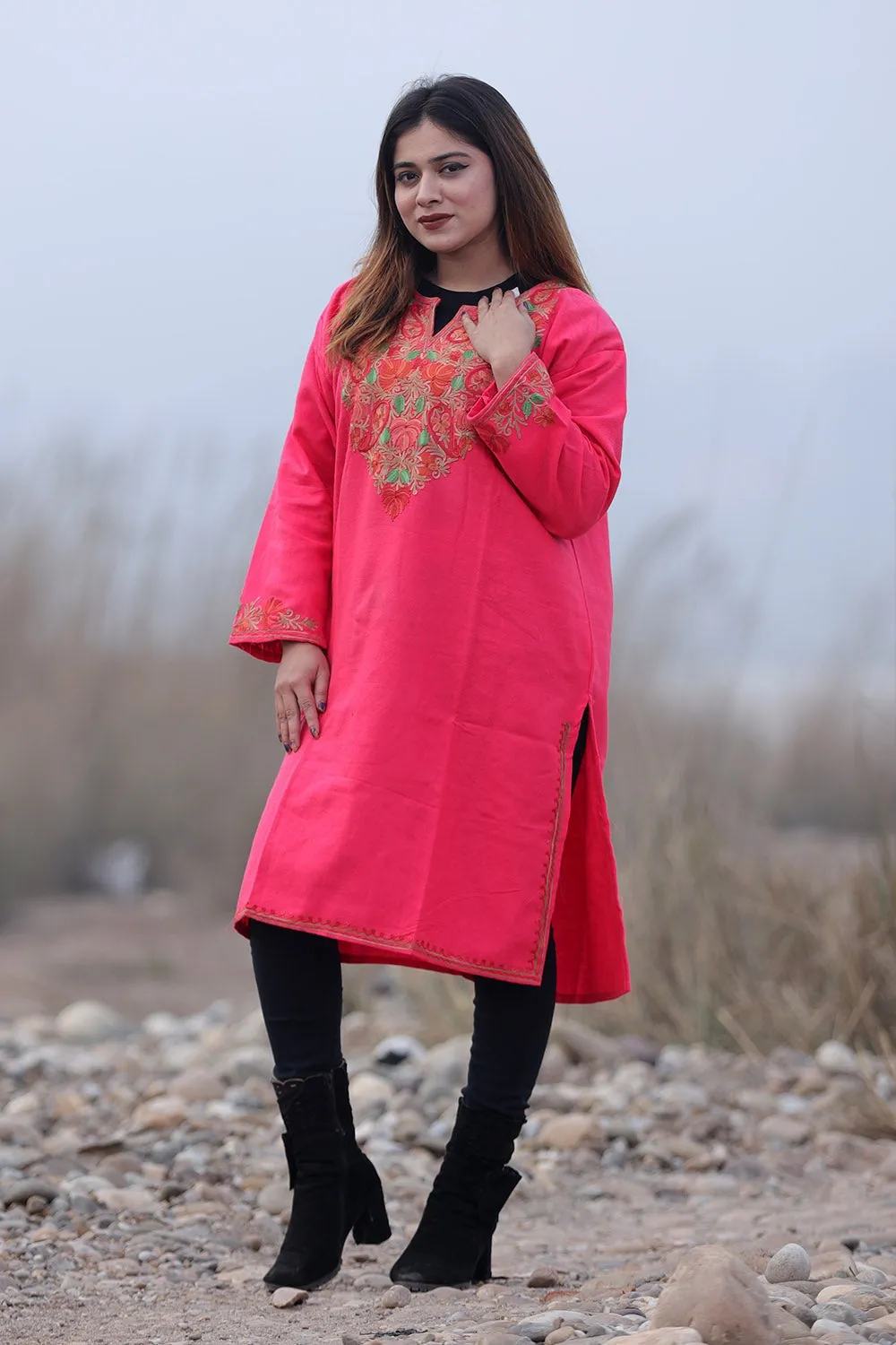 Fussia Pink Color Kashmiri Aari Work Embroidered Woolen Kurti