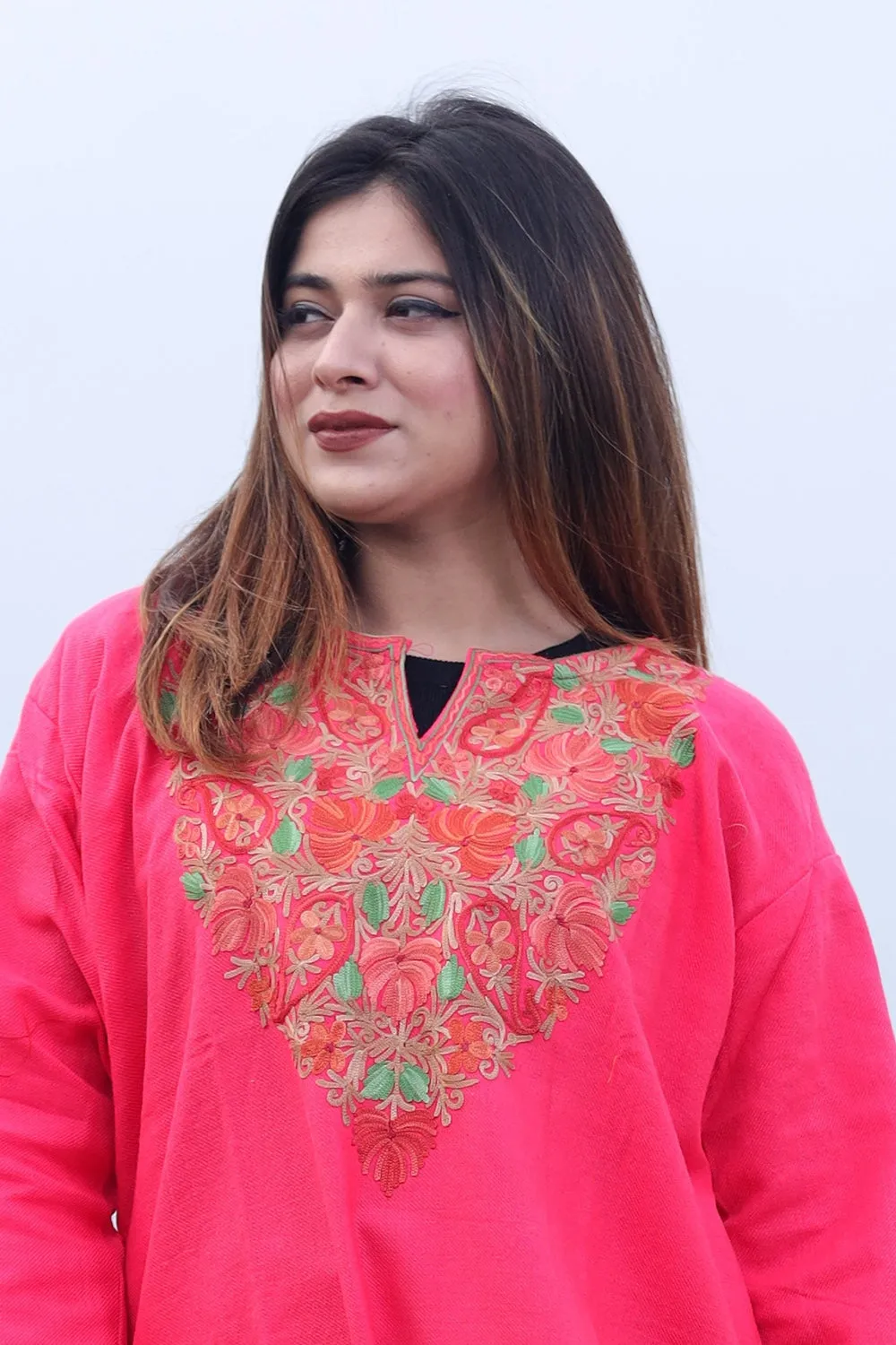 Fussia Pink Color Kashmiri Aari Work Embroidered Woolen Kurti