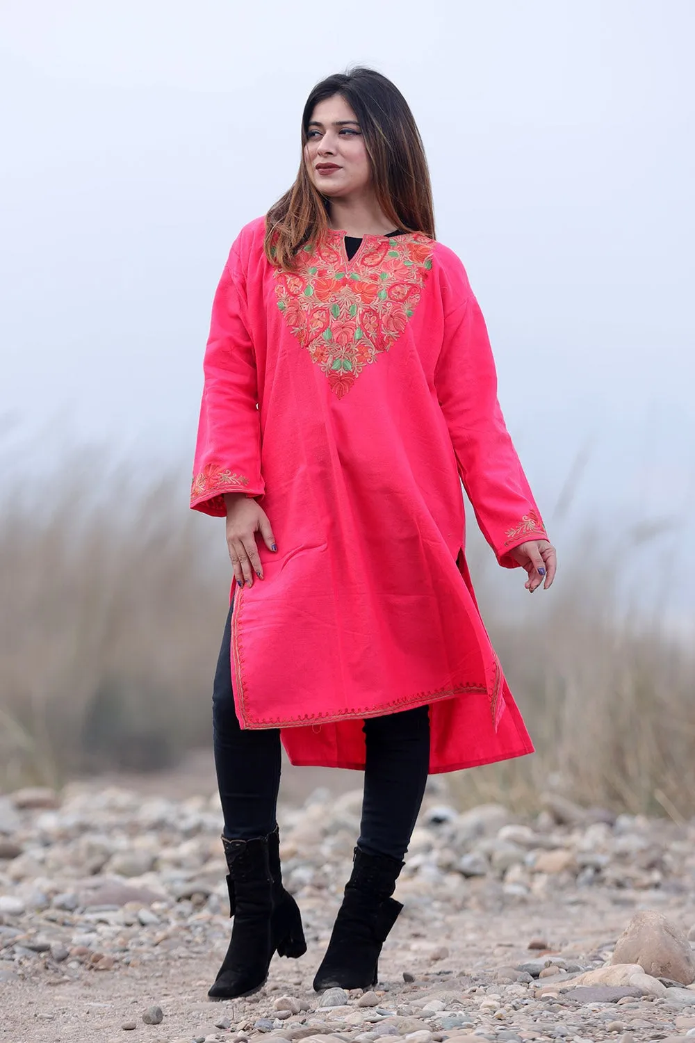 Fussia Pink Color Kashmiri Aari Work Embroidered Woolen Kurti