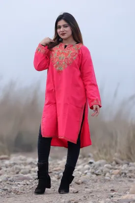 Fussia Pink Color Kashmiri Aari Work Embroidered Woolen Kurti