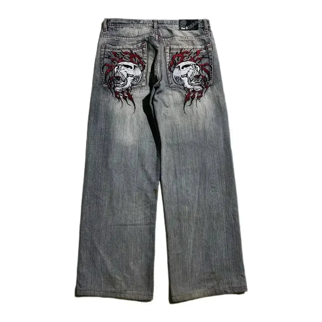 Getadme Gothic punk personality graphic design high-waisted jeans for women 2024 new casual popular versatile hip-hop straight pants y2k