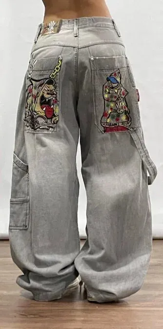 Getadme Gothic punk personality graphic design high-waisted jeans for women 2024 new casual popular versatile hip-hop straight pants y2k
