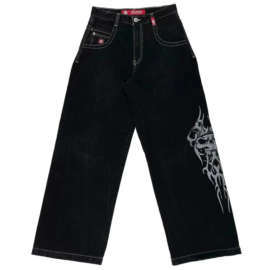 Getadme Gothic punk personality graphic design high-waisted jeans for women 2024 new casual popular versatile hip-hop straight pants y2k