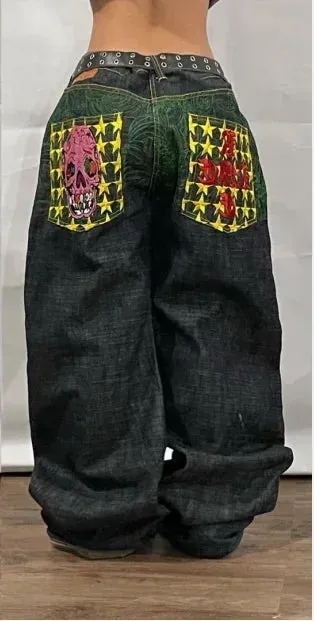 Getadme Gothic punk personality graphic design high-waisted jeans for women 2024 new casual popular versatile hip-hop straight pants y2k