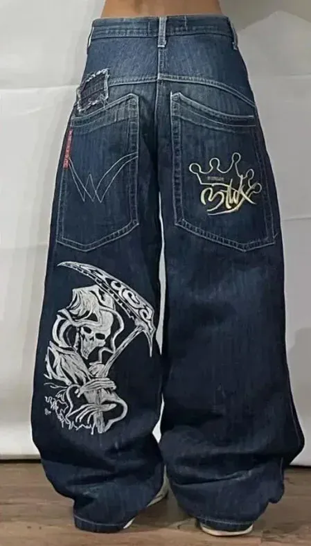 Getadme Gothic punk personality graphic design high-waisted jeans for women 2024 new casual popular versatile hip-hop straight pants y2k