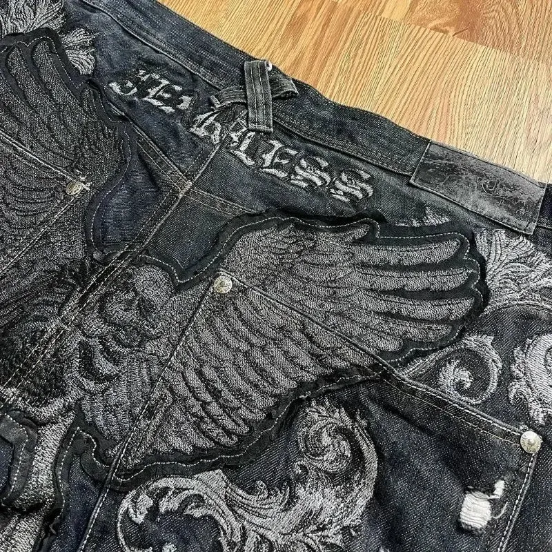 Getadme Gothic punk personality graphic design high-waisted jeans for women 2024 new casual popular versatile hip-hop straight pants y2k