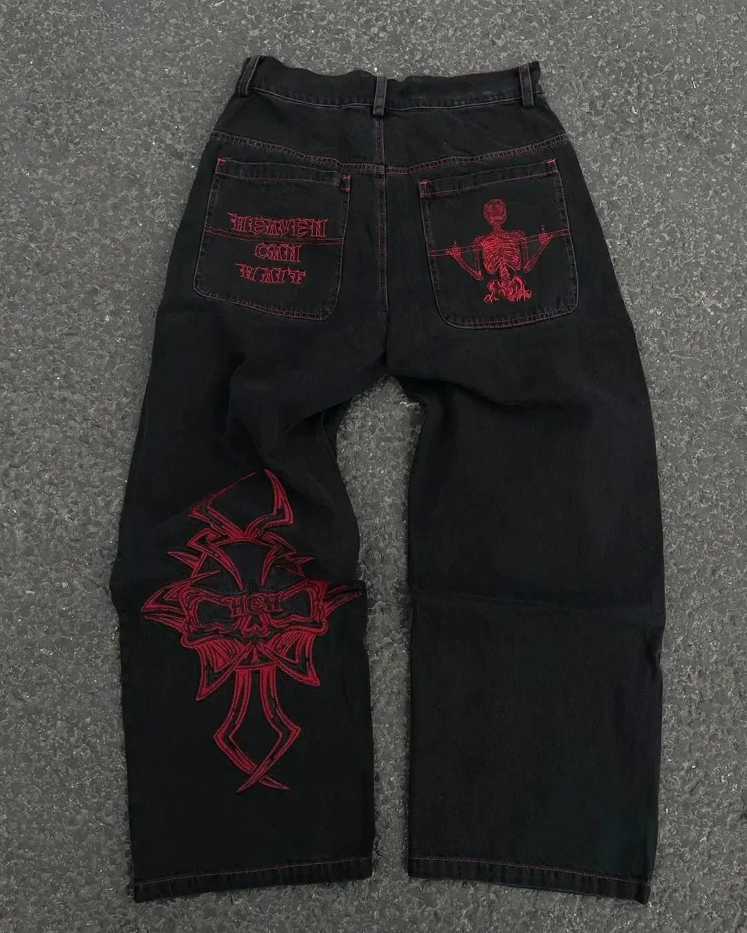 Getadme Gothic punk personality graphic design high-waisted jeans for women 2024 new casual popular versatile hip-hop straight pants y2k