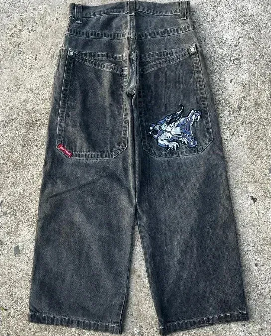 Getadme Gothic punk personality graphic design high-waisted jeans for women 2024 new casual popular versatile hip-hop straight pants y2k