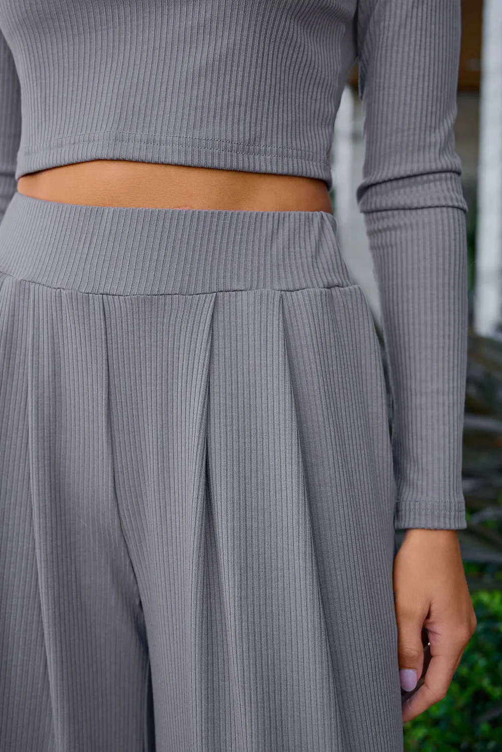 Gray Plain Ribbed Crop Top & Wide Leg Pants Two Piece Pants Set