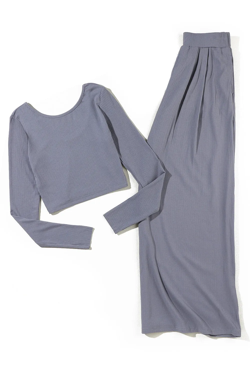 Gray Plain Ribbed Crop Top & Wide Leg Pants Two Piece Pants Set