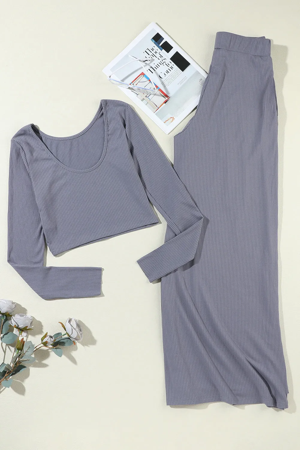 Gray Plain Ribbed Crop Top & Wide Leg Pants Two Piece Pants Set