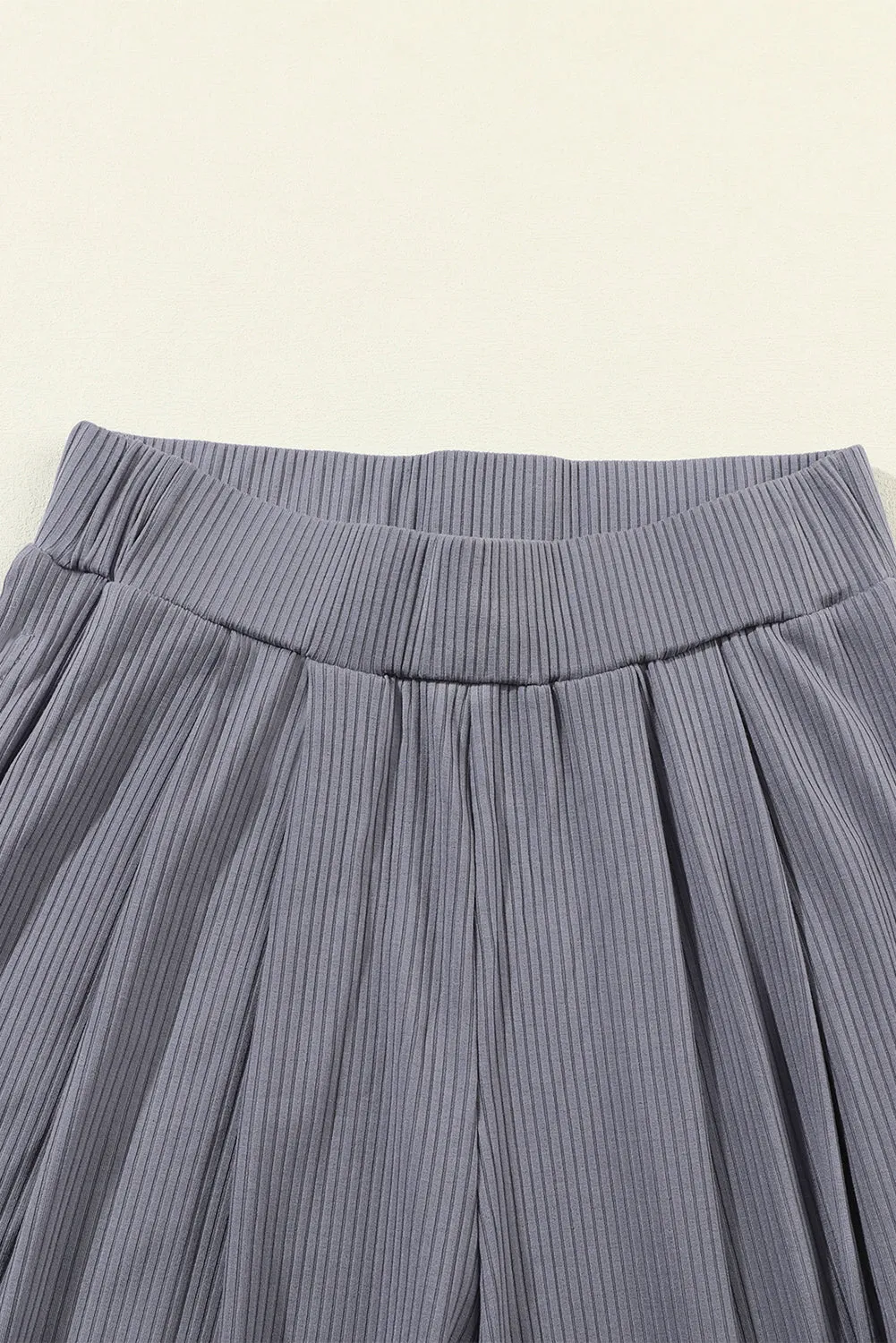 Gray Plain Ribbed Crop Top & Wide Leg Pants Two Piece Pants Set