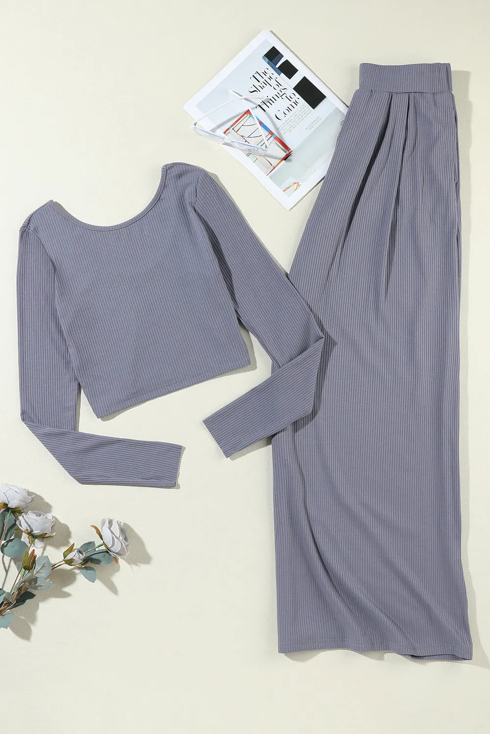 Gray Plain Ribbed Crop Top & Wide Leg Pants Two Piece Pants Set