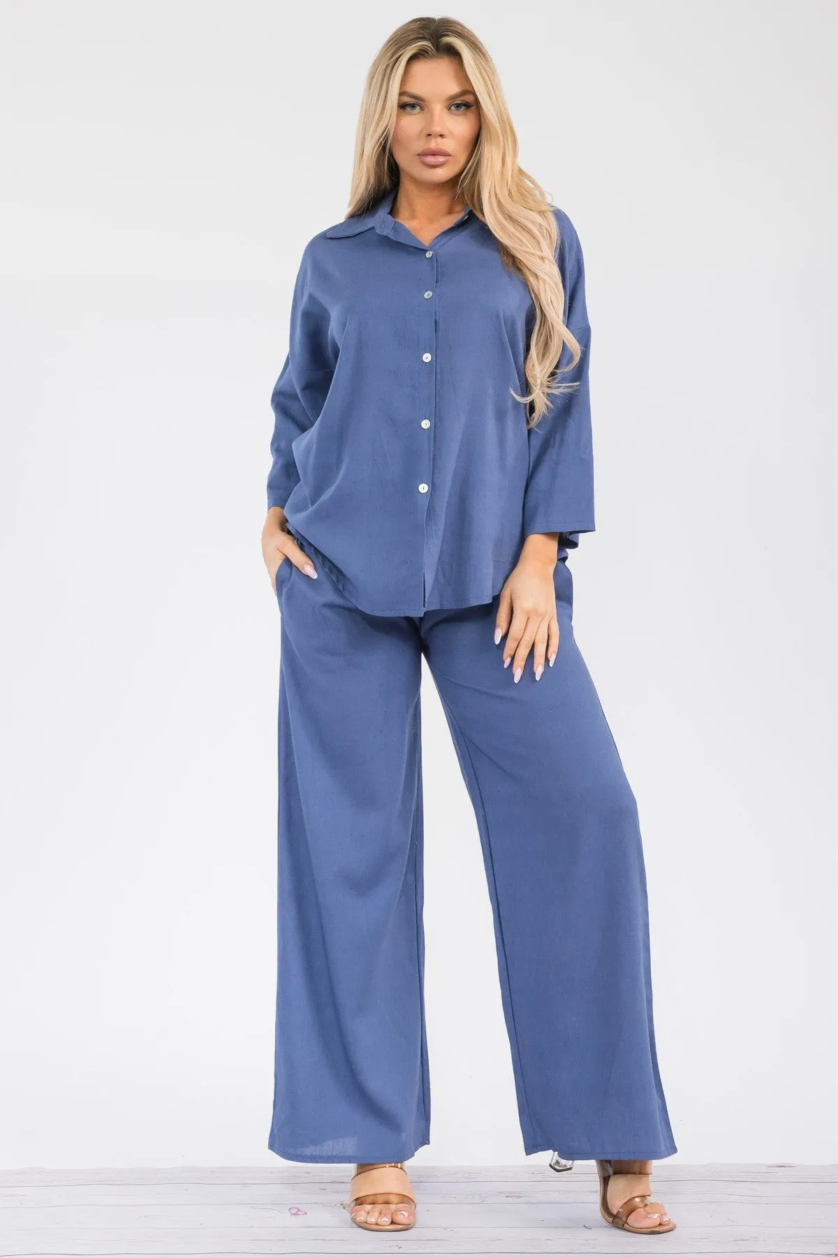 HH753X-755 - 2PC LONGSLEEVE BUTTON-DOWN LINEN SET