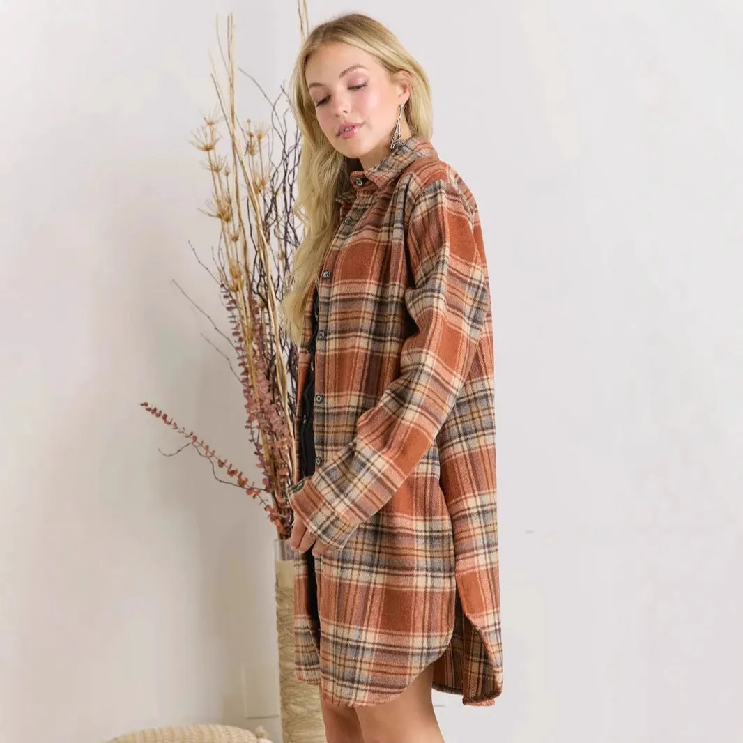 Joskaa outfit inspo fall 2024 New Hot Fashion Long Sleeve Button Woolen Plaid Shirt Coat