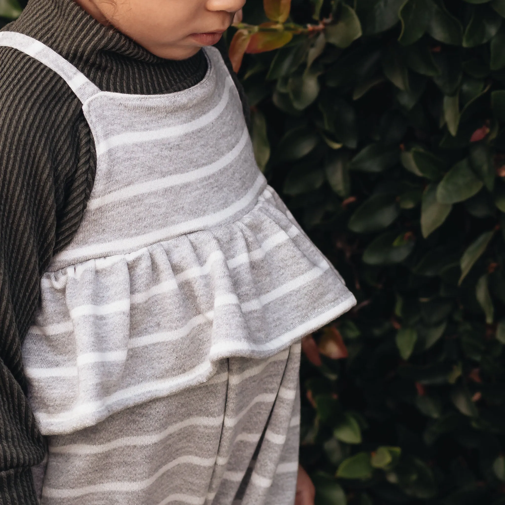 knit ruffle jumpsuit | heather stripe