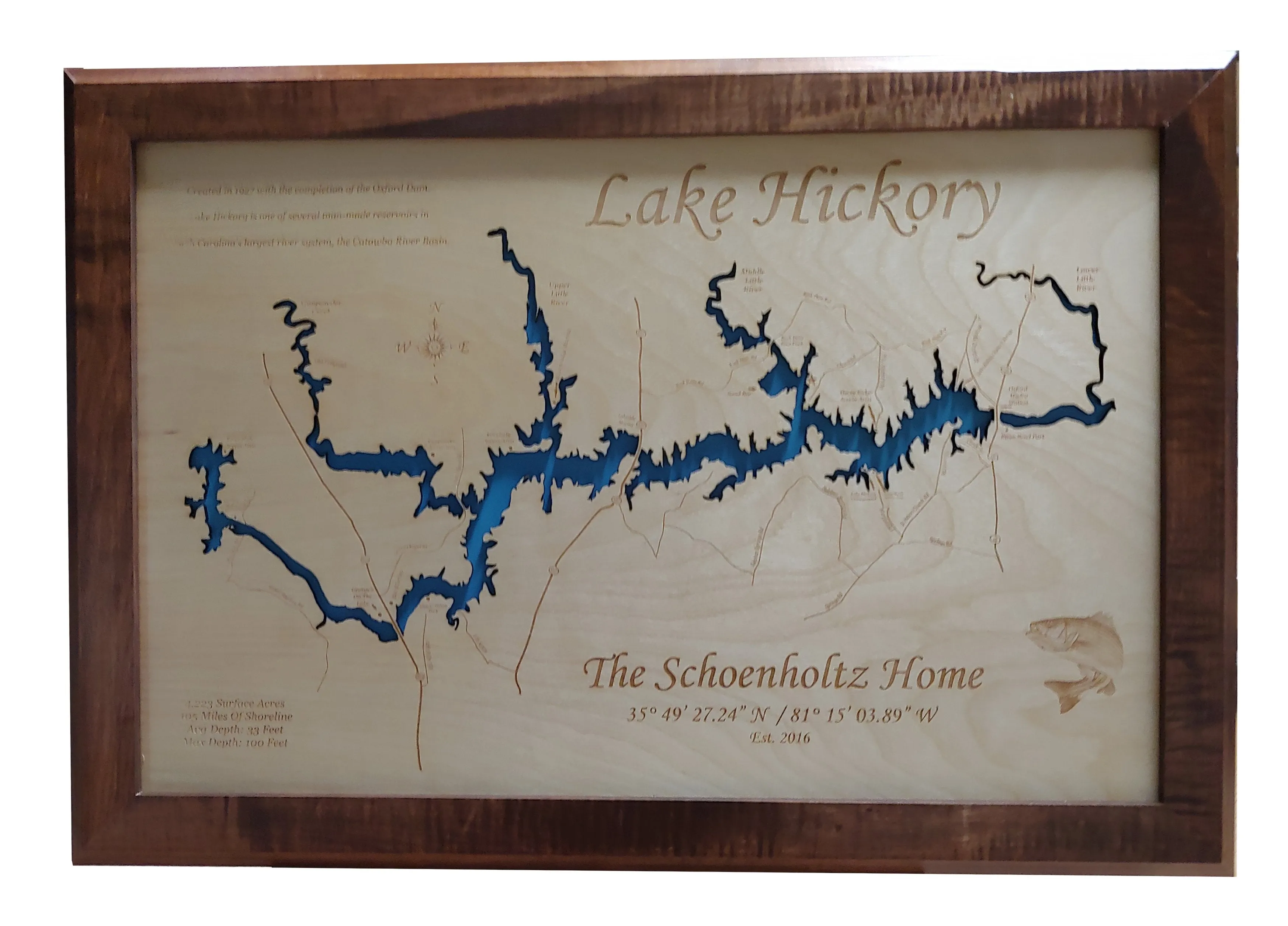 Lake Hickory, NC - Laser Cut Wood Map