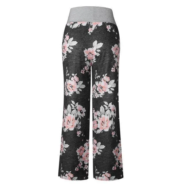 Loose Print Pink Flower Floral Harem Pants Capri Bottoms Sweatpants High Waist Female Pants Women Summer Wide Leg Trousers (US 2-14)