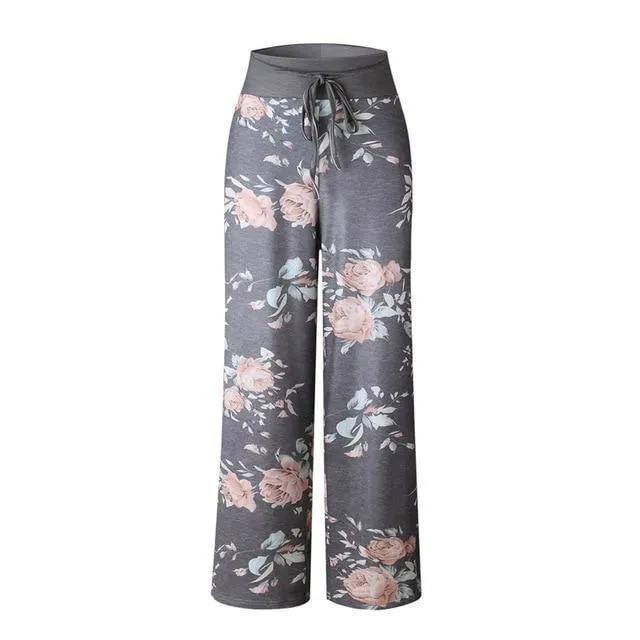 Loose Print Pink Flower Floral Harem Pants Capri Bottoms Sweatpants High Waist Female Pants Women Summer Wide Leg Trousers (US 2-14)