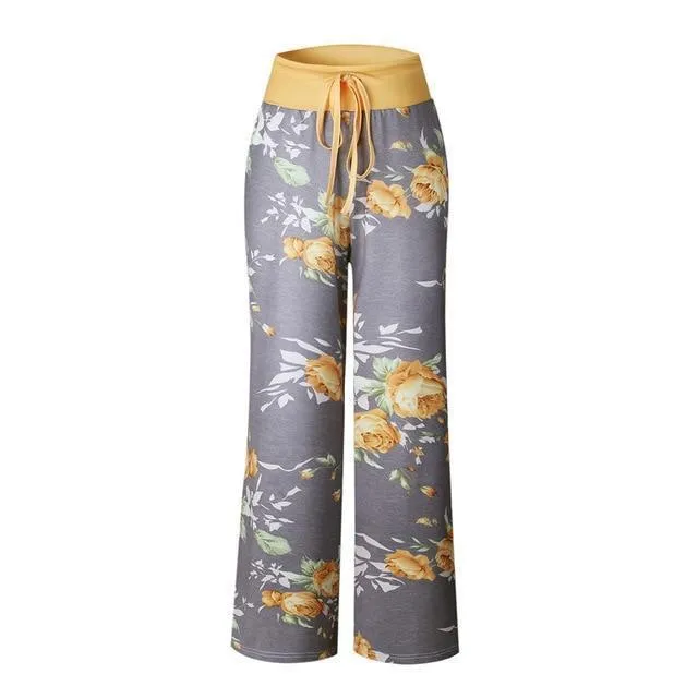 Loose Print Pink Flower Floral Harem Pants Capri Bottoms Sweatpants High Waist Female Pants Women Summer Wide Leg Trousers (US 2-14)