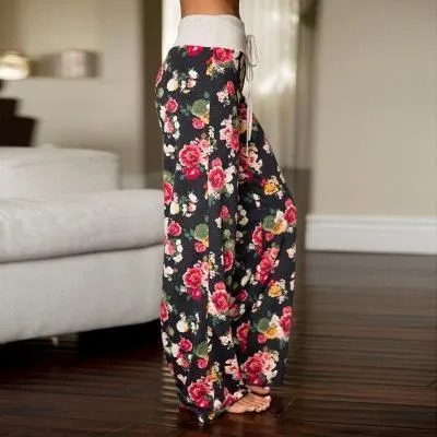 Loose Print Pink Flower Floral Harem Pants Capri Bottoms Sweatpants High Waist Female Pants Women Summer Wide Leg Trousers (US 2-14)